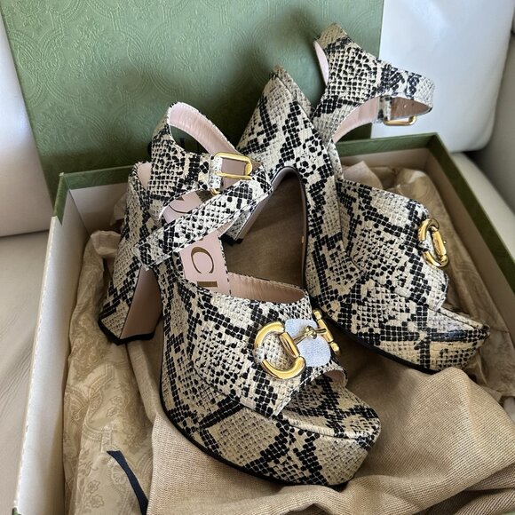 NEW Gucci Beige & Brown Python Horsebit Heeled Sandals Sz 40.5 - Picture 4 of 13